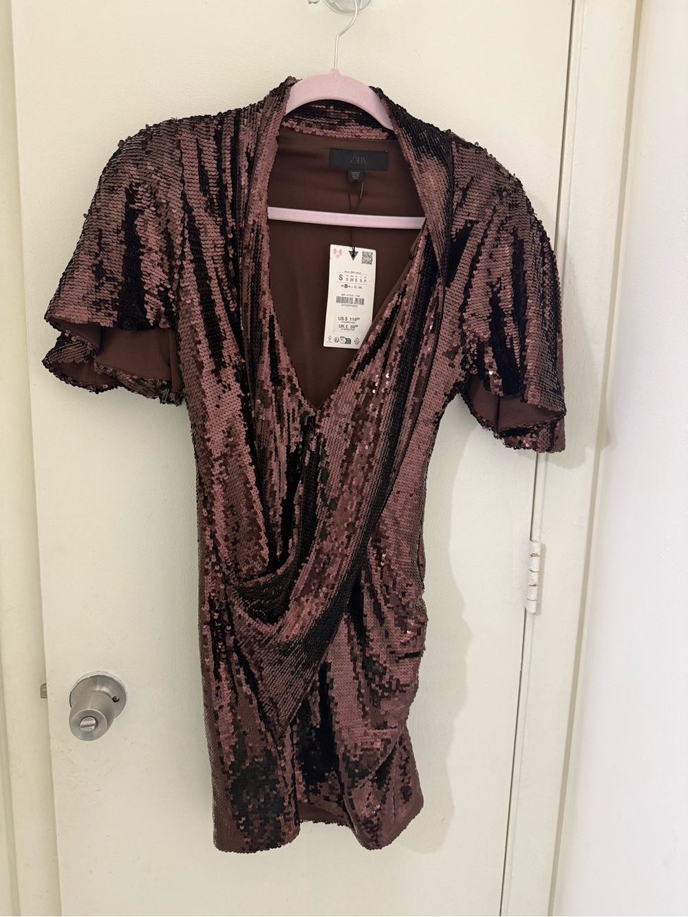 Zara Rose-Brown Sequin Draped V-Neck Mini Dress